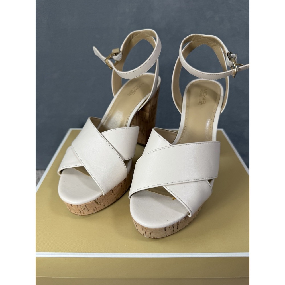 Michael‎ Kors Odette Platform Women's Leather Sandals Cork Size 7M Cream